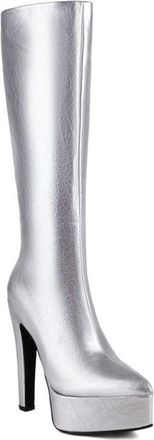 Generic Womens Pointed Toe Platform Metallic Knee High Boots Slim Stretch Wide Calf Side Zipper Block Heels Party Catwalk Shoes (7.5,Silver)