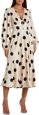 Mac Duggal Polka Dot Charmeuse Long Sleeve V Neck Midi Dress in Cream Black at Nordstrom, Size 14