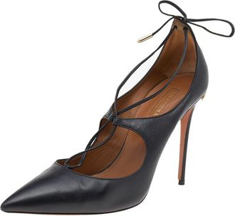 Aquazzura Black Leather Christy Lace Ankle Wrap Pumps