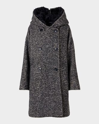Akris Lamb Shearling Collar Double-Breasted Wool Herringbone Coat