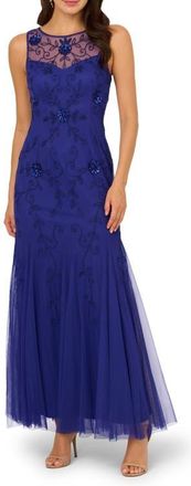 Adrianna Papell Placed Beaded Floral Mesh Mermaid Gown in Dark Blue Violet at Nordstrom, Size 10