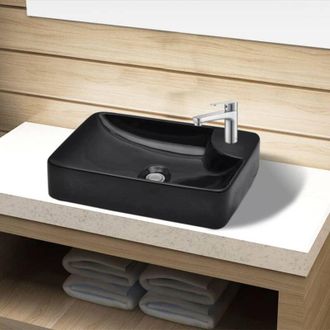 vidaXL Lavabo De Cer&aacute;mica Con Agujero Para Grifo Negro Vidaxl