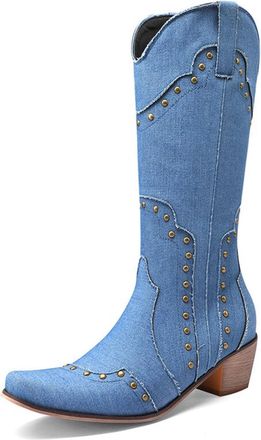 Generic Womens Western Cowboy Boots Mid-Calf PU Leather Denim Material Metal Stud Detail Pointed Toe Low Block Heels Stylish Comfortable Non-Slip Durable Desi