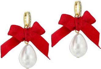 Ted Baker Riyya Ribbon Bow Faux Pearl Drop Earrings in Gold Tone/Pearl /Ruby at Nordstrom