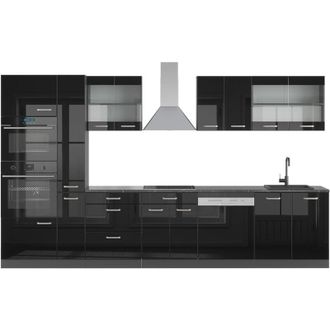 Vicco Cucina componibile R-Line, Nero lucido/antracite, 350 cm con armadio alto, senza piano di lavoro