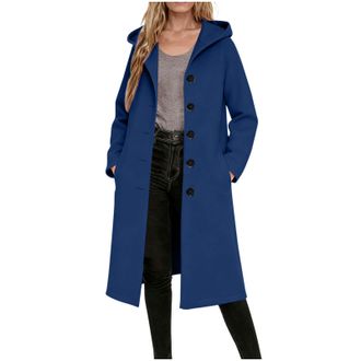 Generic Long Trench Coats for Women Casual Winter Jackets with Hood Single-Breasted Longline Wool Coat Ladies Elegant Classic Solid Plain Warm Hooded Overcoat