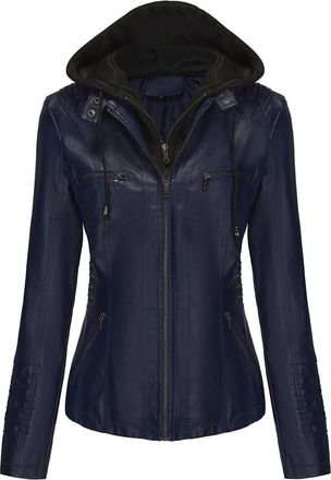 Dissa Womens Dark Blue Stylish Faux Leather Jacket Hooded Zipper Slim Short Biker Jacket,XXL,C6699N