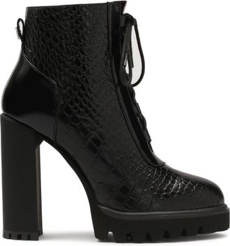 Kazar Gestanste leren laarzen met hak en dikke zool. Dit product valt klein uit. - Dames - Laarzen met Hak - Zwart - 40 EU - Leer - Schoenen