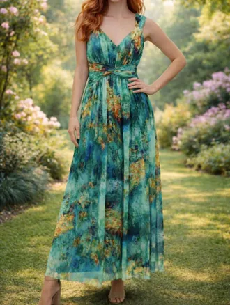 London Times Twist Front V-Neck Midi Dress In Green & Gold