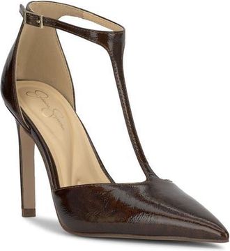 Jessica Simpson Willna T-Strap Pointed Toe Pump in Chocolate Br Plnpll at Nordstrom, Size 7.5