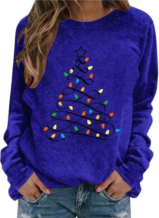 Generic Christmas Long Sleeve Tops for Women Ladies Round Neck Shirt with Tree and Lights Print Casual Loose Fit Holiday Fashion Blouse for Daily Wear Work Pa