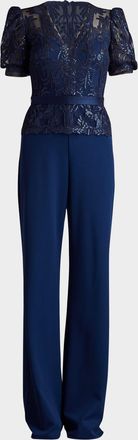 Tadashi Shoji Sequined Lace Crepe V-Neck Jumpsuit