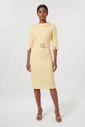 Karen Millen Womens Tailored Roll Neck Pencil Midi Dress - Yellow Cotton - Size 12 UK