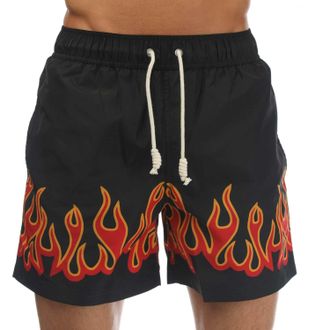 Palm Angels Mens Burning Flames Print Swim Shorts in Black Red - Size X-Small