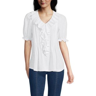Lands End Puff Sleeve Slub Ruffle Pintuck Top in White at Nordstrom, Size X-Small