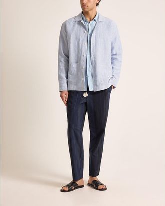 Orlebar Brown Soren Relaxed Fit Hemp Stripe Overshirt in Bergamo Blue Stripe at Nordstrom, Size X-Large