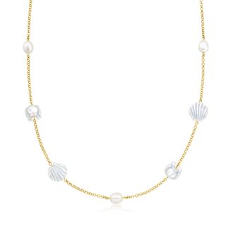 Ross-Simons Mother-Of-Pearl and 8-8.5mm Cultured Pearl Sea Life Necklace in 18kt Gold Over Sterling