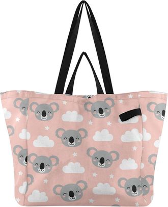Generic Koala White Clouds pattern Reusable Canvas Tote Bag, Heavy Duty Grocery Shopping Bag with Hard Bottom Double Handles Large Capacity Work Groceries Tra