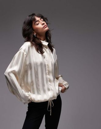 Asos Camicia in raso &eacute;cru a righe con collo a imbuto in coordinato-Bianco