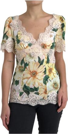 Dolce & Gabbana Top met bloemenkant - Dames - Blouses - Veelkleurig - 2XS - Katoen - Overhemden