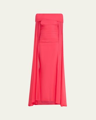 Talbot Runhof Ruched Off-The-Shoulder Mesh Cape Gown