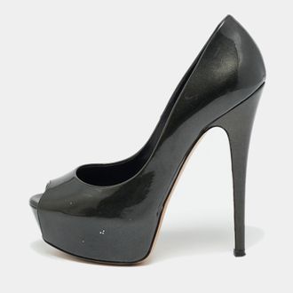 Casadei Size 36 Metallic Grey Patent Leather Peep Toe Pumps