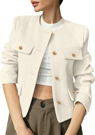 Generic Womens Cropped Blazer Classic Chic and Elegant Round Neck Long Sleeve Jacket Business Casual Fitted Autumn Blazer Cardigan for Office Daily and Weddin