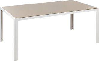 Beliani Mesa de comedor de jardín con tablero de vidrio templado beige y estructura de aluminio blanco 160 x 90 cm Catania