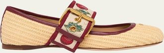 Valentino Garavani Tomato Embroidered Raffia Mary Jane Ballerina Flats