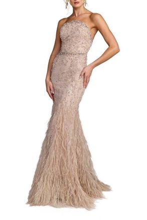 Mac Duggal Strapless Beaded Net Trumpet Gown With Feathers in Champagne at Nordstrom, Size 10