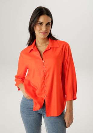 Aniston Hemdbluse ANISTON SELECTED, Damen, Gr. 36, rotorange, Web, Obermaterial: 100% Viskose, unifarben, Basic, l&auml;ssig geschnitten h&uuml;ftbedeckend, mit Knopf, 