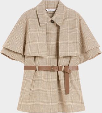 Max Mara Glen Plaid Cotton Cloak with Leather Belt