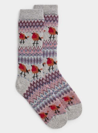Simons Womens Wool Fair Isle bird socks Made in Portugal