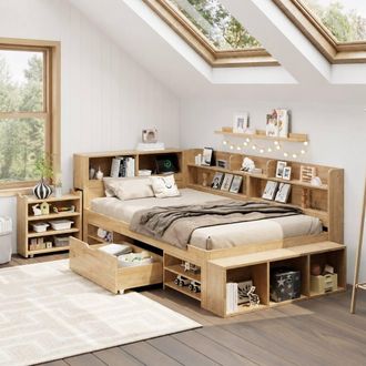 Merax 3ft Single Bookcase Storage Bed with Drawer for Children in Natural