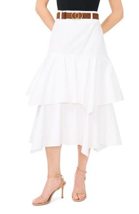 CeCe by Cynthia Steffe Tiered Denim Midi Skirt with Brown Golden Buckle Belt in Ultra White at Nordstrom, Size 12