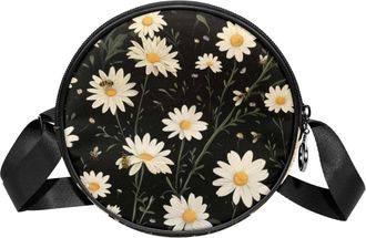 Generic Circle Crossbody Bag for Women, Daisies Bees Small Sling Bag Daypack with Zipper Adjustable Shoulder Straps Casual Ladies Girls Round Purse