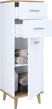 ebuy24 Vcm Cofre De Madera De Cajones Aparador Estrecho Con Una Puerta Giratoria Y Dos Cajones Dimensiones Aprox. Al. 97 X An. 32 X P. 28 Cm - Lindas (blanco