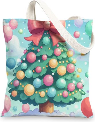 Generic Kid Christmas Tree Canvas Tote Bag for Shopping 13x15, Fun Cartoon Xmas Balloons Reusable Grocery Print Bag for Women, Happy Holiday Beach Aesthetic P