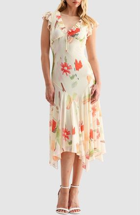 All in Favor Floral Flutter Sleeve Handkerchief Hem Mesh Dress in Butter Red Multi at Nordstrom, Size Medium
