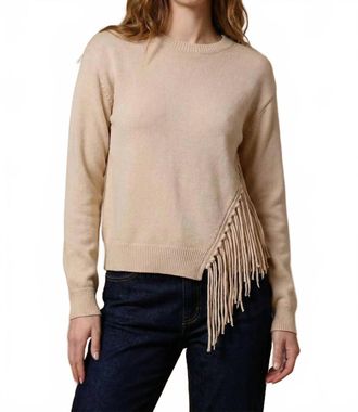 Minnie Rose Cotton Cashmere Fringe Trim Sweater In Brown Sugar