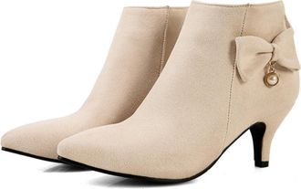 Generic Womens Pointed Toe Faux Suede Ankle Boots with Side Bow and Pearl Charm Detail,Elegant Style,Apricot,6.5 UK