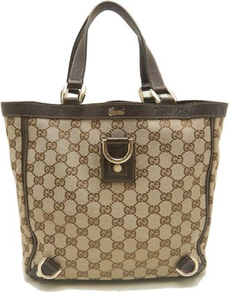 Gucci Abbey Beige Brown Gg Canvas Leather Tote Bag (Pre-Owned)