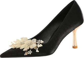Generic Women Pointed Toe Stiletto High Heels 6.5CM Sparkly Rhinestones Pearls Flower Satin Pumps Wedding Evening Party (Black,8.5)