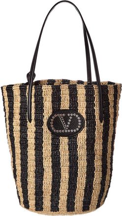 Valentino Vlogo Raffia & Leather Tote