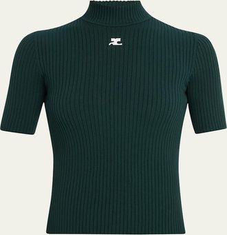 Courr&egrave;ges Mock-Neck Short-Sleeve Rib Pullover