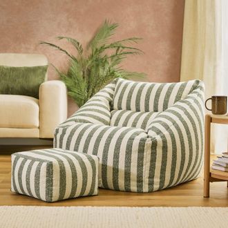 Icon Brand Puf sill&oacute;n con reposapi&eacute;s cuadrado de boucl&eacute; a rayas, verde oliva