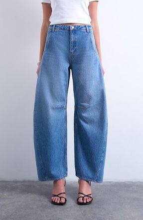 Topshop High Waist Barrel Jeans in Medium Blue at Nordstrom, Size 28