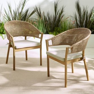 Furniturebox Asa 2 x Wood & Wicker Outdoor Dining Chairs With Cushions in Light Brown