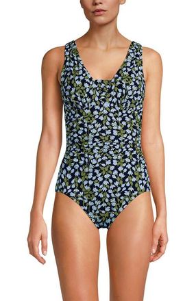 Lands End SlenderSuit Grecian Low Leg One Piece Swimsuit in Navy Mini Bloom Floral at Nordstrom, Size 16