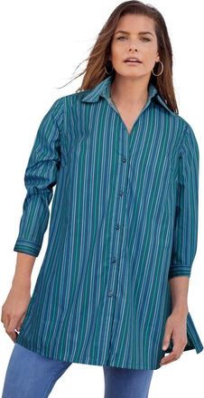 Roaman's Kate Long-Sleeve Crisp Cotton-Blend Button-Front Tunic in Deep Teal Multi Stripe at Nordstrom, Size 44